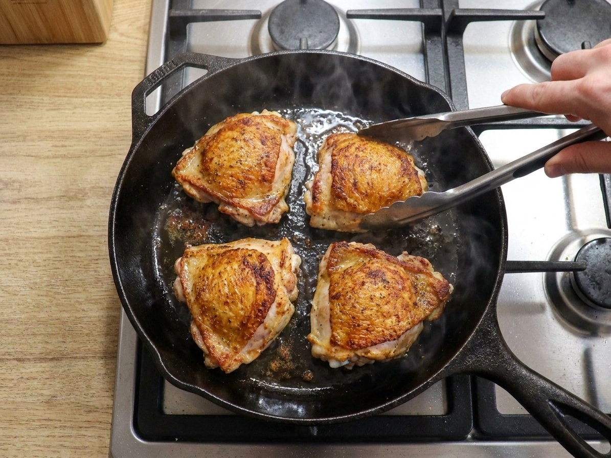 Chicken thighs searing skin-side down in a cast iron skillet on a stovetop, edges turning golden and crisp