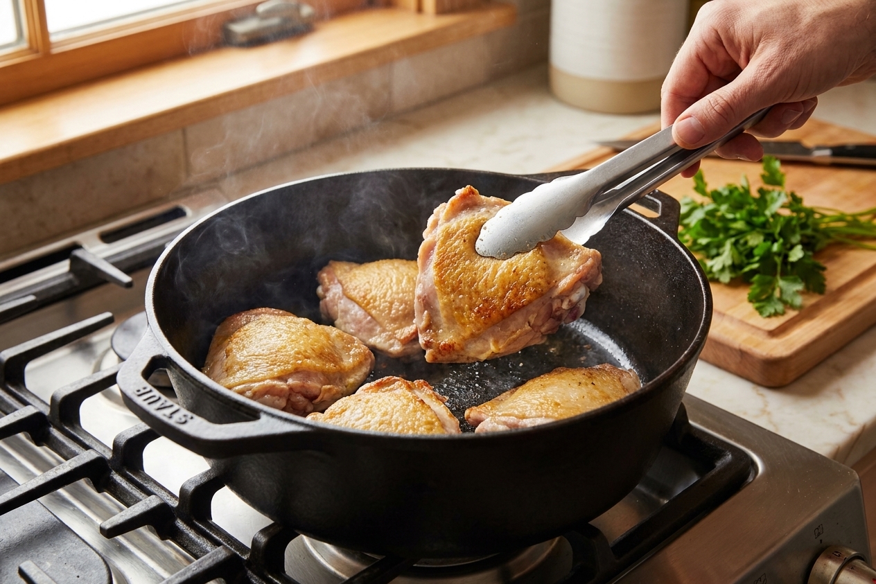 Chicken thighs searing skin-side down in a dark pot on a stovetop with golden browning starting around the edges