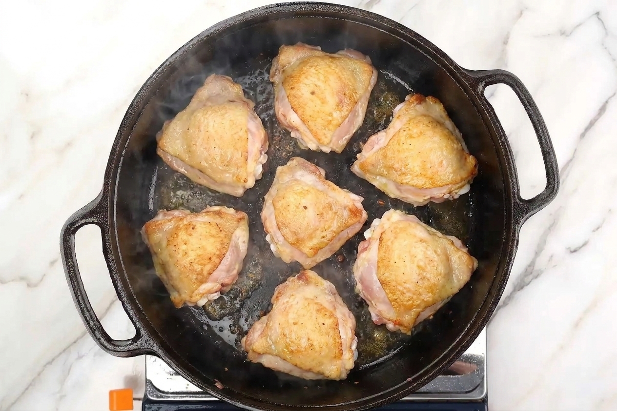Chicken thighs searing skin-side down in a heavy pot with lightly bubbling oil on a stovetop, showing golden browning starting on the edges
