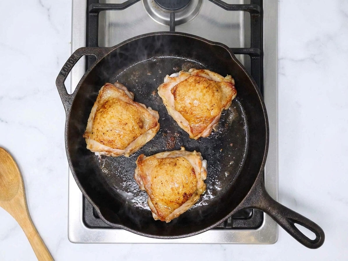 Chicken thighs searing skin-side down in a hot skillet with golden brown edges forming