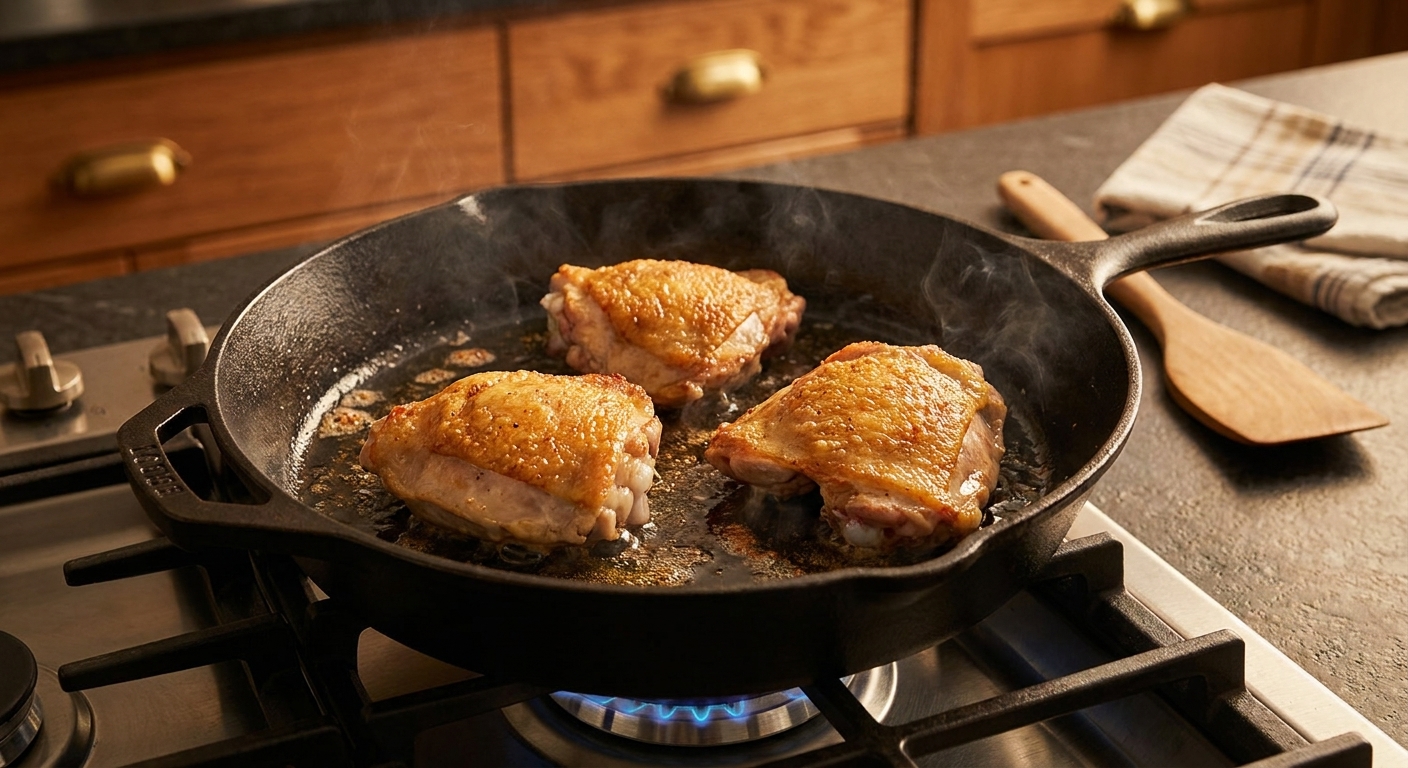 Chicken thighs searing skin-side down in a large skillet on a home stove with warm kitchen lighting and minimal background clutter