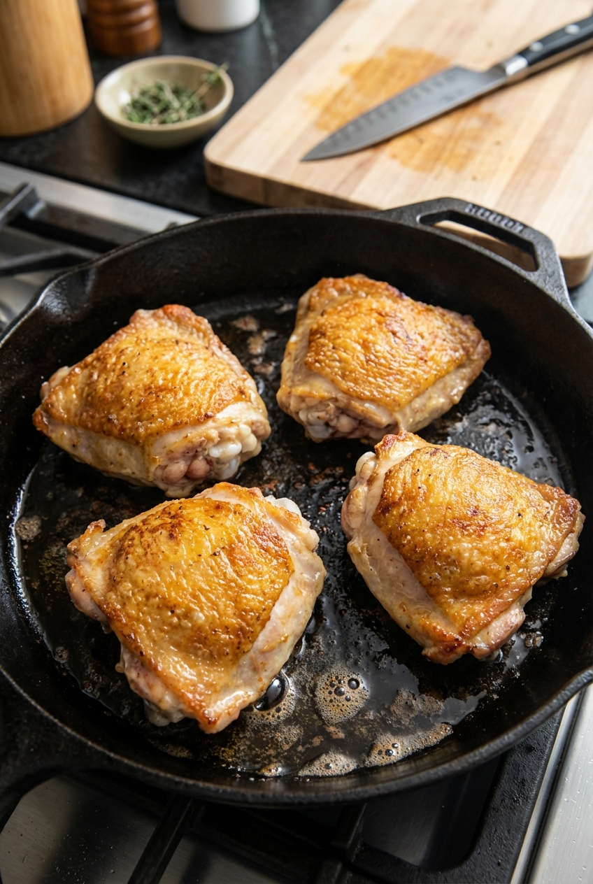 Chicken thighs searing skin-side down in a skillet until golden