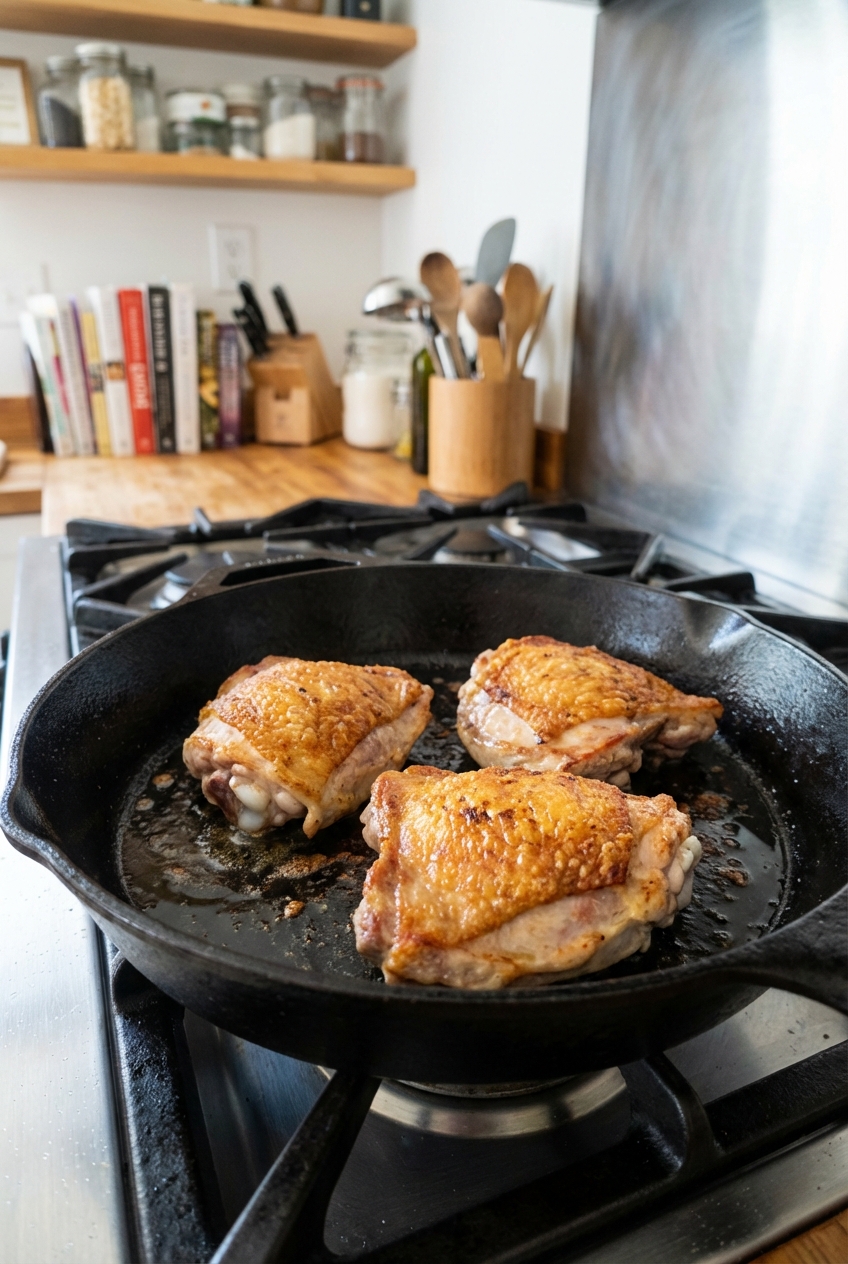 Chicken thighs searing skin-side down in a skillet until golden brown