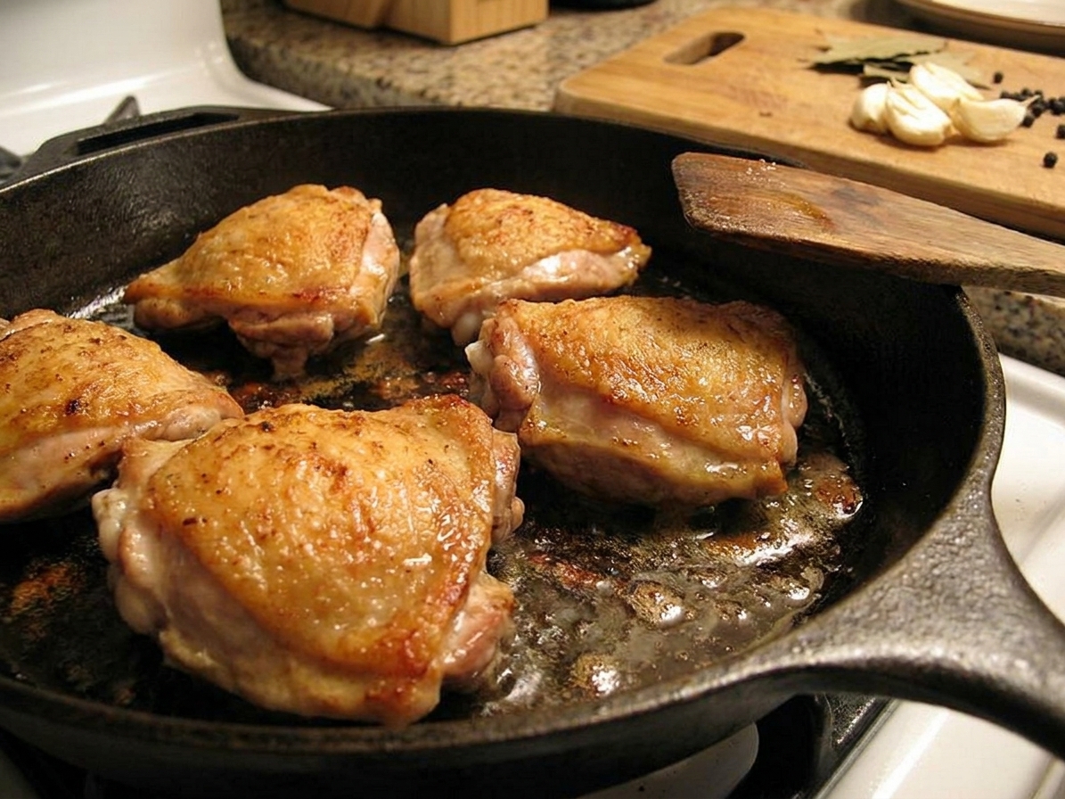 Chicken thighs searing skin-side down in a skillet, with browning around the edges