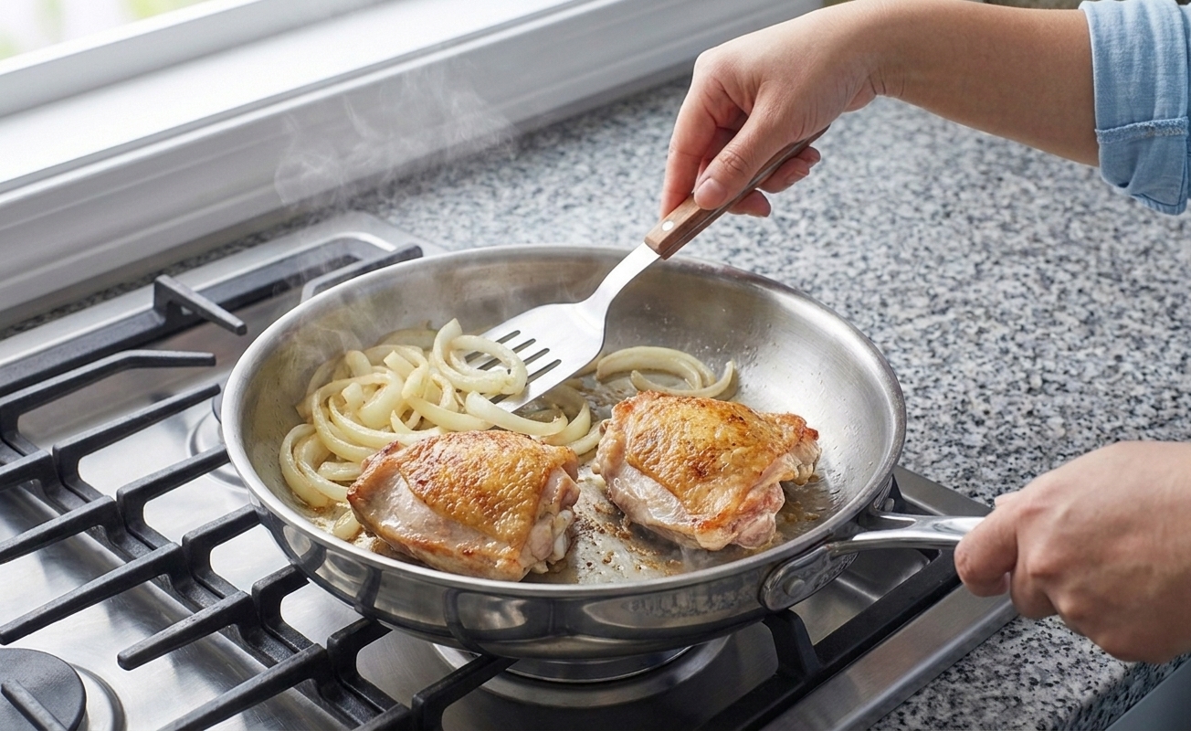 Chicken thighs searing skin-side down in a skillet with sliced onions beginning to soften around the edges