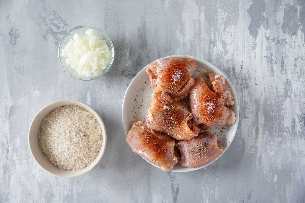 Chicken thighs seasoned with paprika, salt, and pepper on a plate beside a small bowl of rice and chopped onion on a kitchen counter, natural light