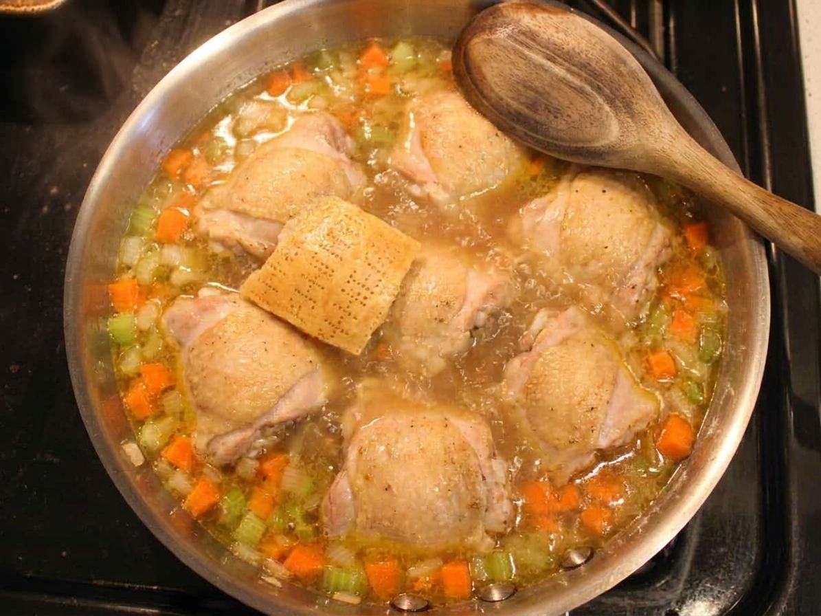 Chicken thighs simmering in a broth-filled pot with visible vegetables and a Parmesan rind near the surface