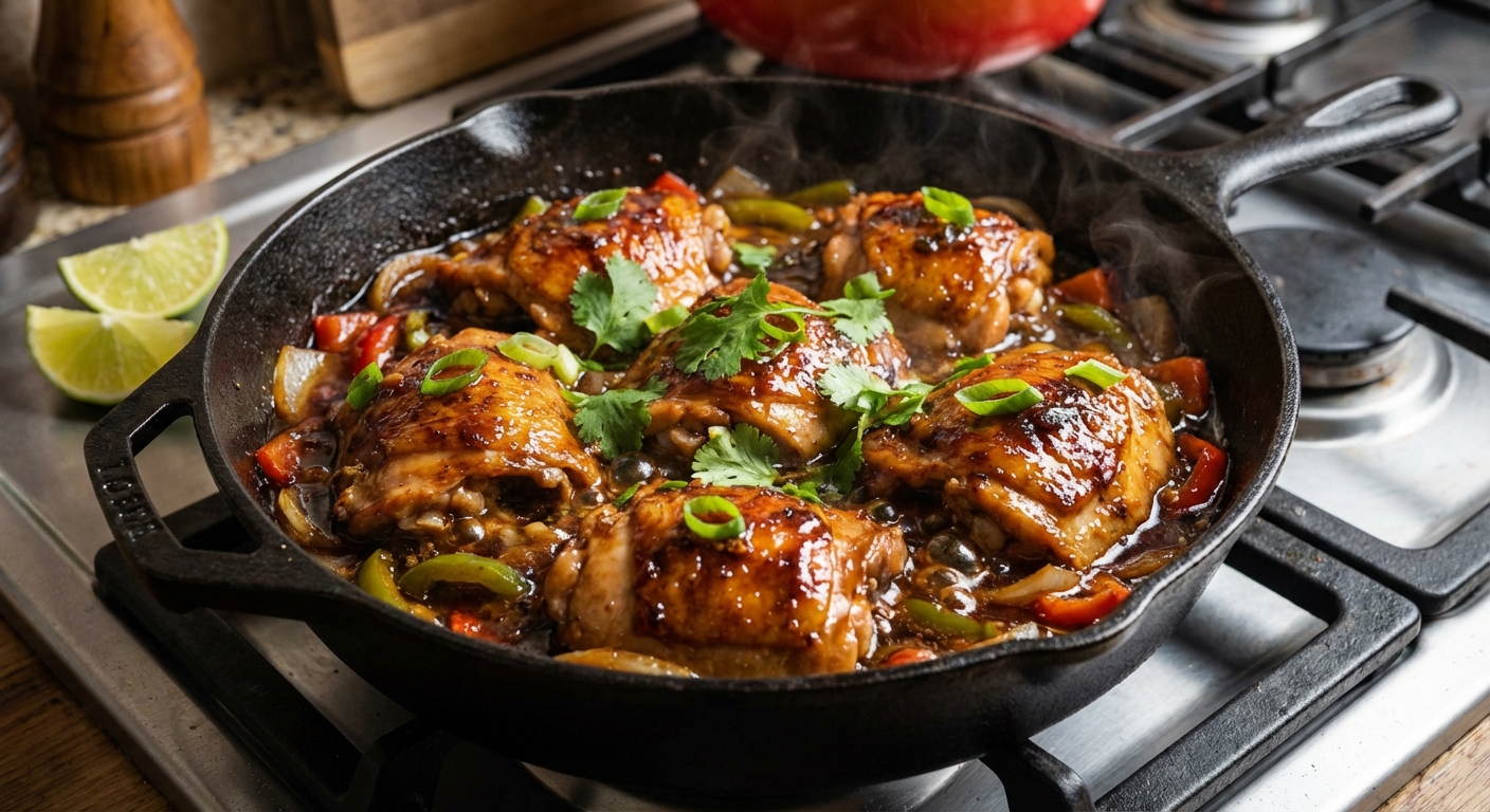Chicken thighs simmering in a glossy tangy-sweet sauce in a skillet