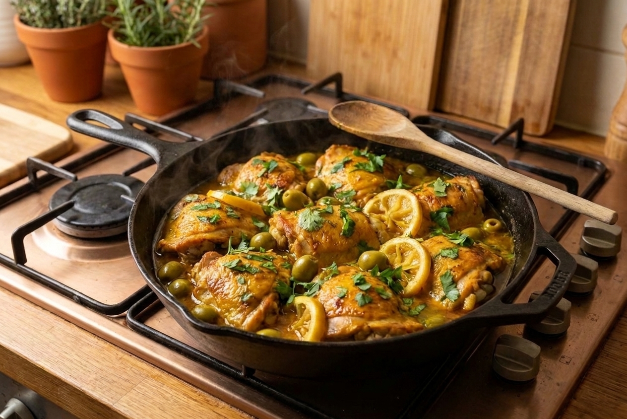 Chicken thighs simmering in a golden spiced sauce with green olives and preserved lemon in a skillet