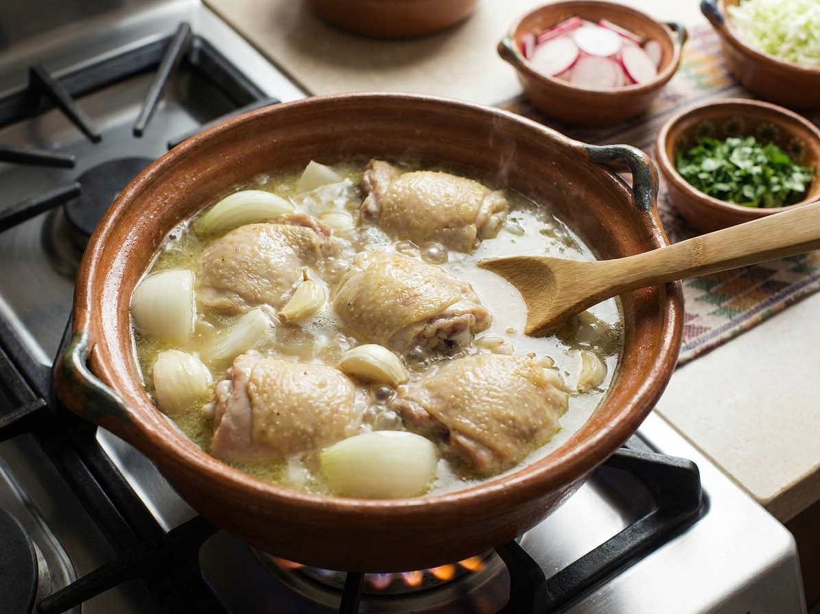 Chicken thighs simmering in a large pot of broth with onion and garlic on a home stove