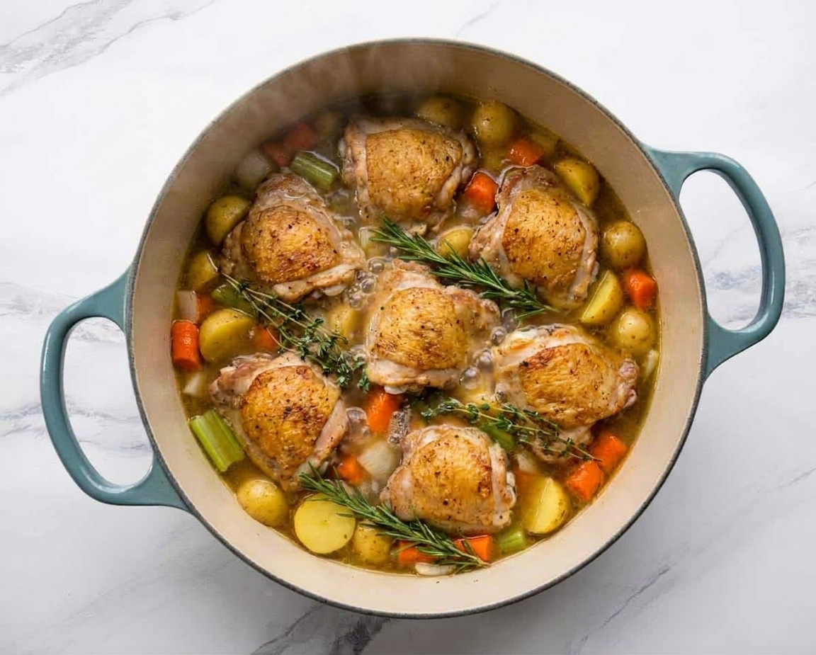 Chicken thighs simmering in a pot of broth with vegetables, gentle bubbles rising