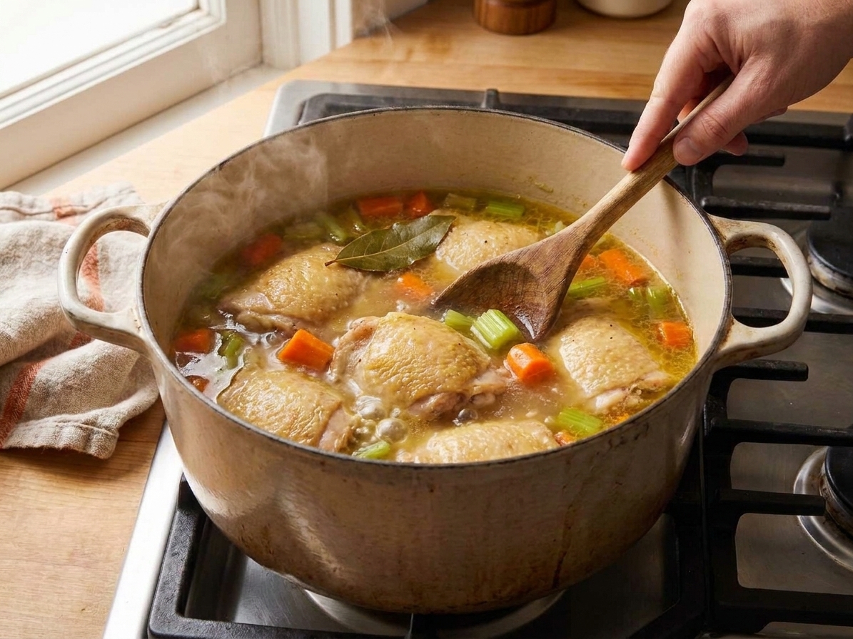 Chicken thighs simmering in a pot of broth with visible carrots and celery, with a bay leaf floating on top