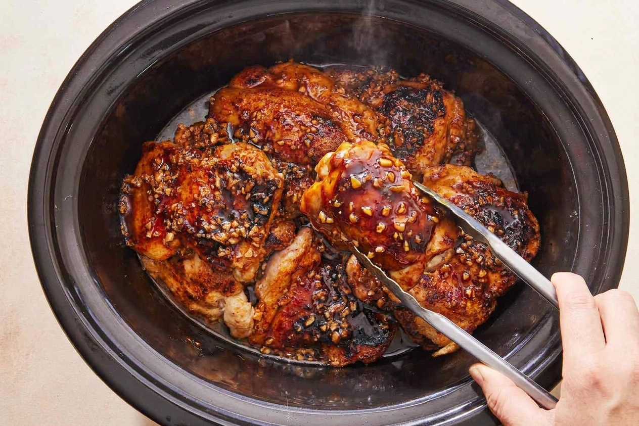 Chicken thighs simmering in a slow cooker with honey garlic sauce as it thickens