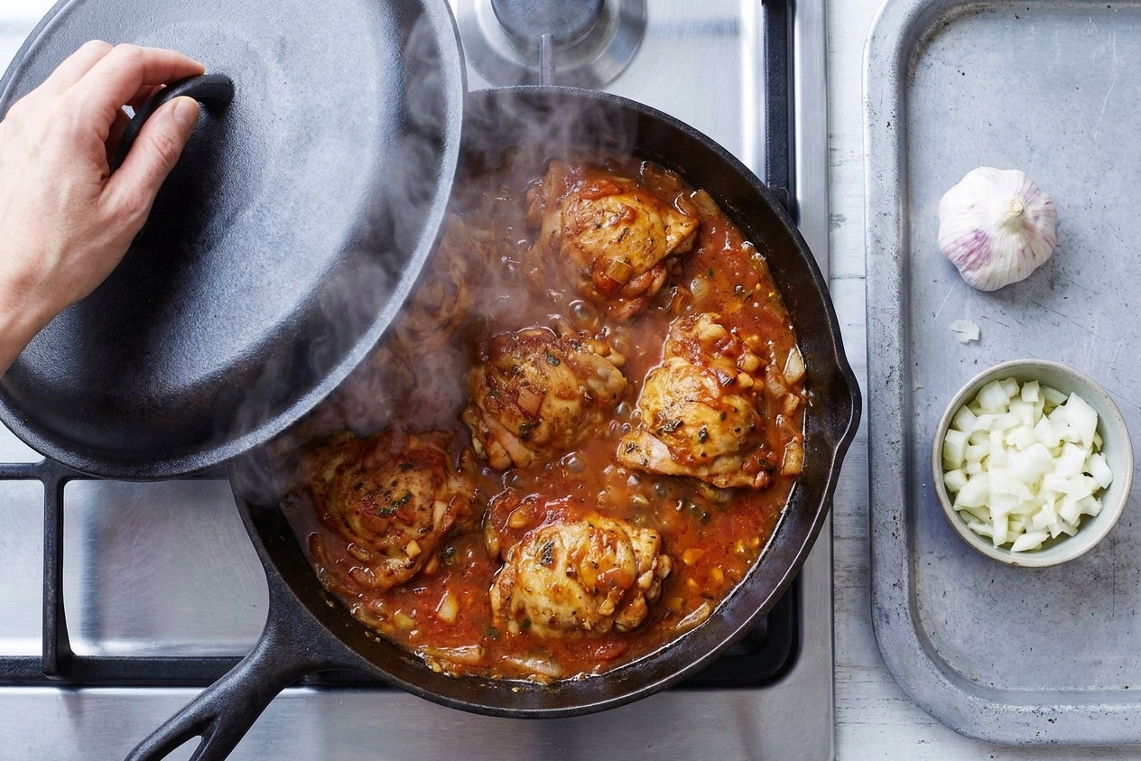Chicken thighs simmering in a spiced tomato sauce in a covered skillet on the stove, steam rising when the lid is lifted