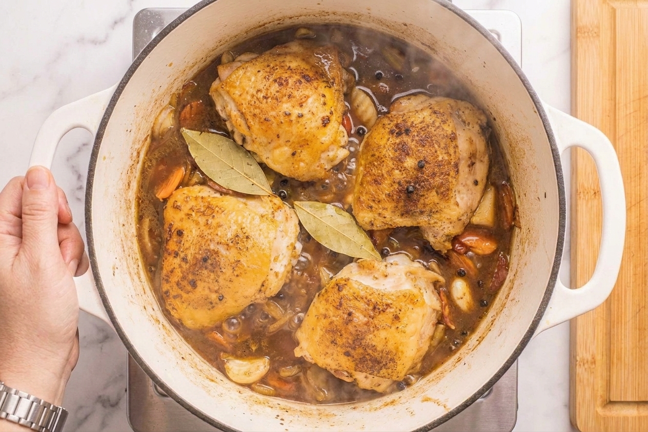Chicken thighs simmering in dark brown adobo sauce with bay leaves and peppercorns floating on the surface in a Dutch oven