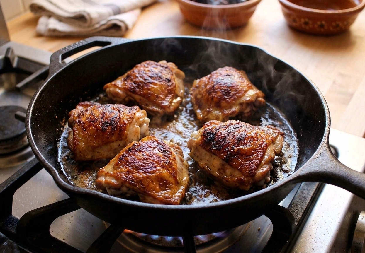 Chicken thighs sizzling in a cast iron skillet with browned skin and rendered fat on a stovetop in warm kitchen light