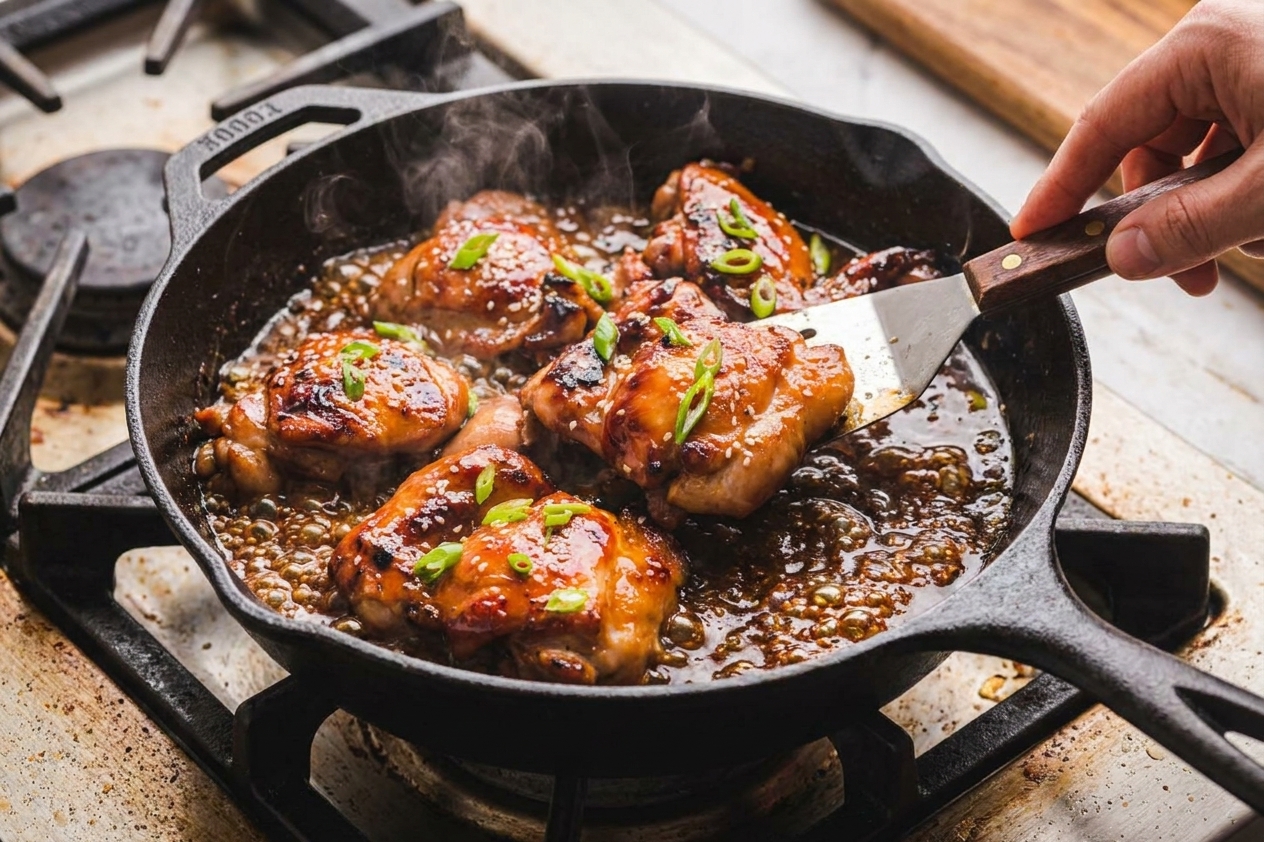 Chicken thighs sizzling in a skillet as a dark glossy glaze bubbles around them, shot close up over a stovetop