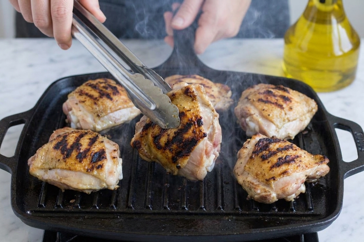 Chicken thighs sizzling on a hot grill with visible char marks forming as tongs flip a piece
