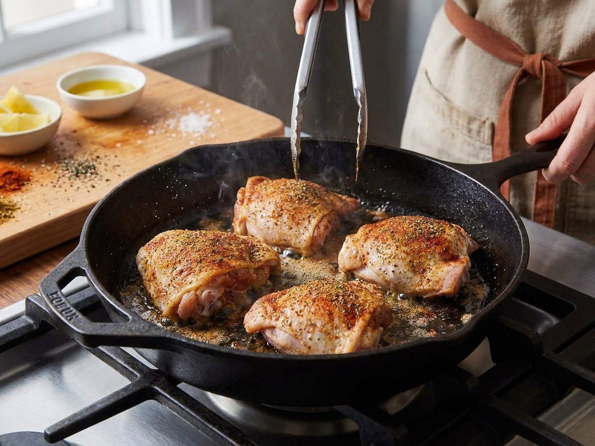 Chicken thighs sizzling skin-side down in a cast iron skillet on a stovetop, edges turning golden brown