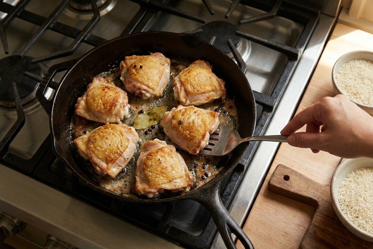 Chicken thighs sizzling skin-side down in a dark skillet on a stovetop with golden browning starting at the edges