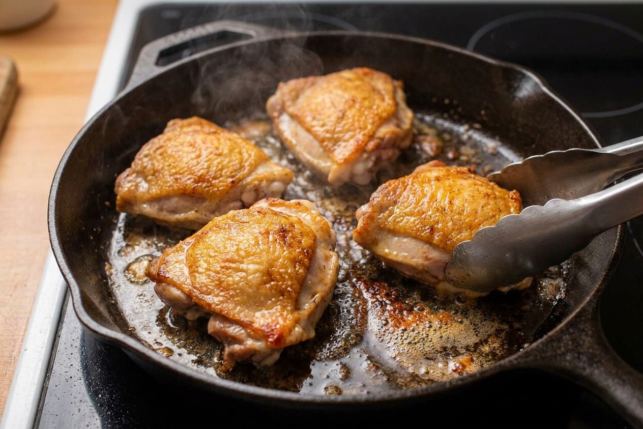 Chicken thighs sizzling skin-side down in a dark skillet on a stovetop, edges browning with rendered fat in the pan
