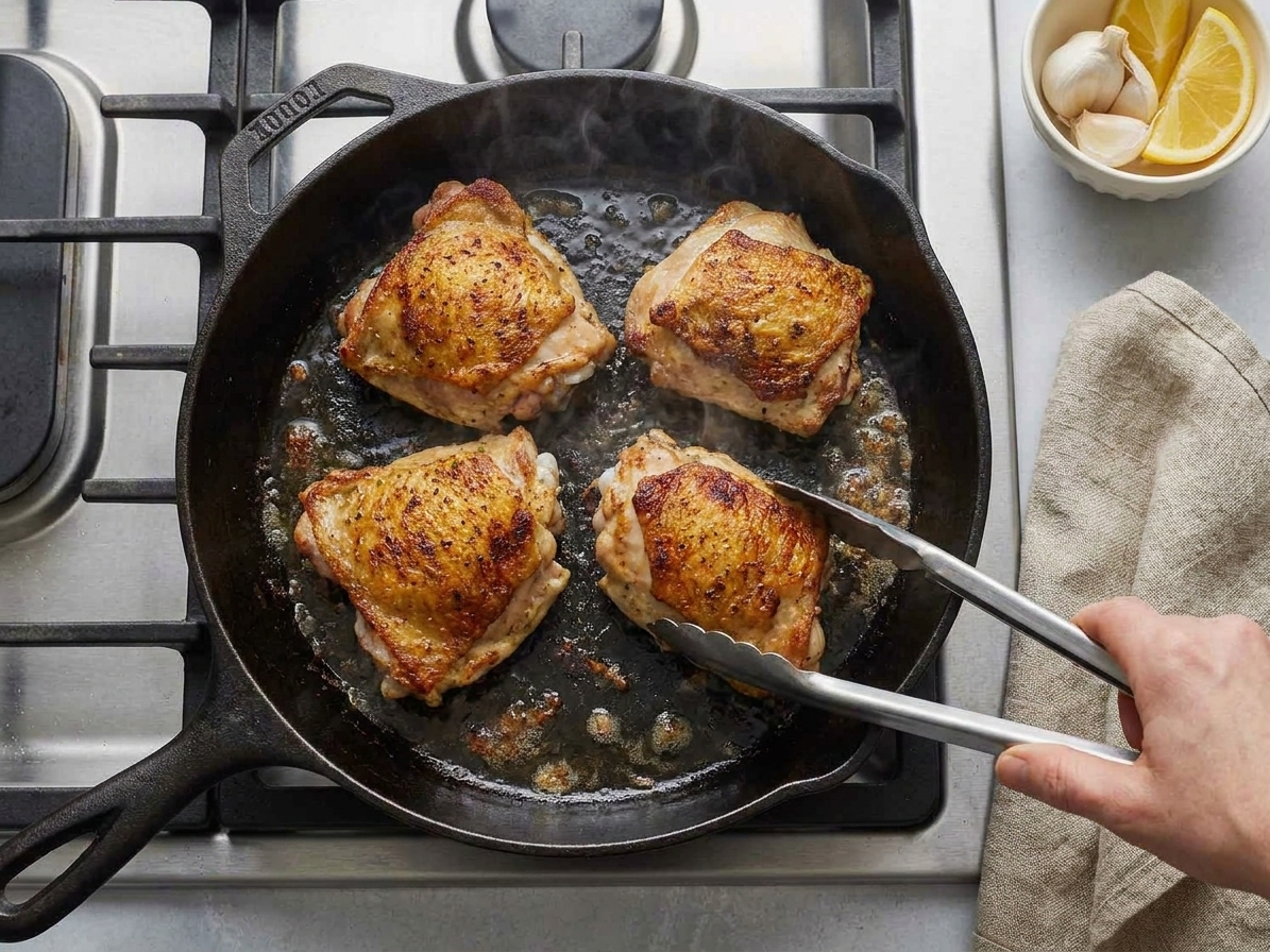 Chicken thighs sizzling skin-side down in a hot skillet with browned edges forming on a stovetop