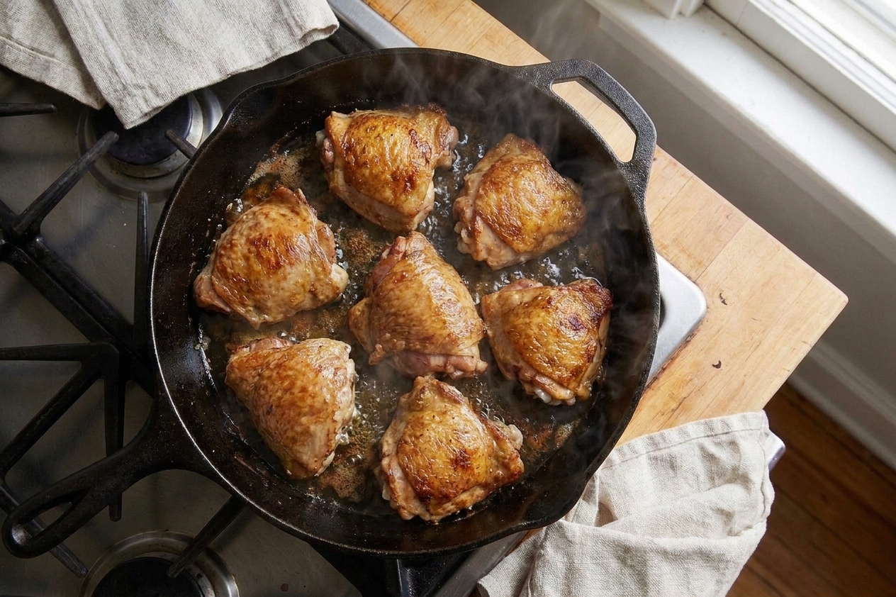 Chicken thighs skin side down crisping in a hot skillet with rendered fat and browned edges