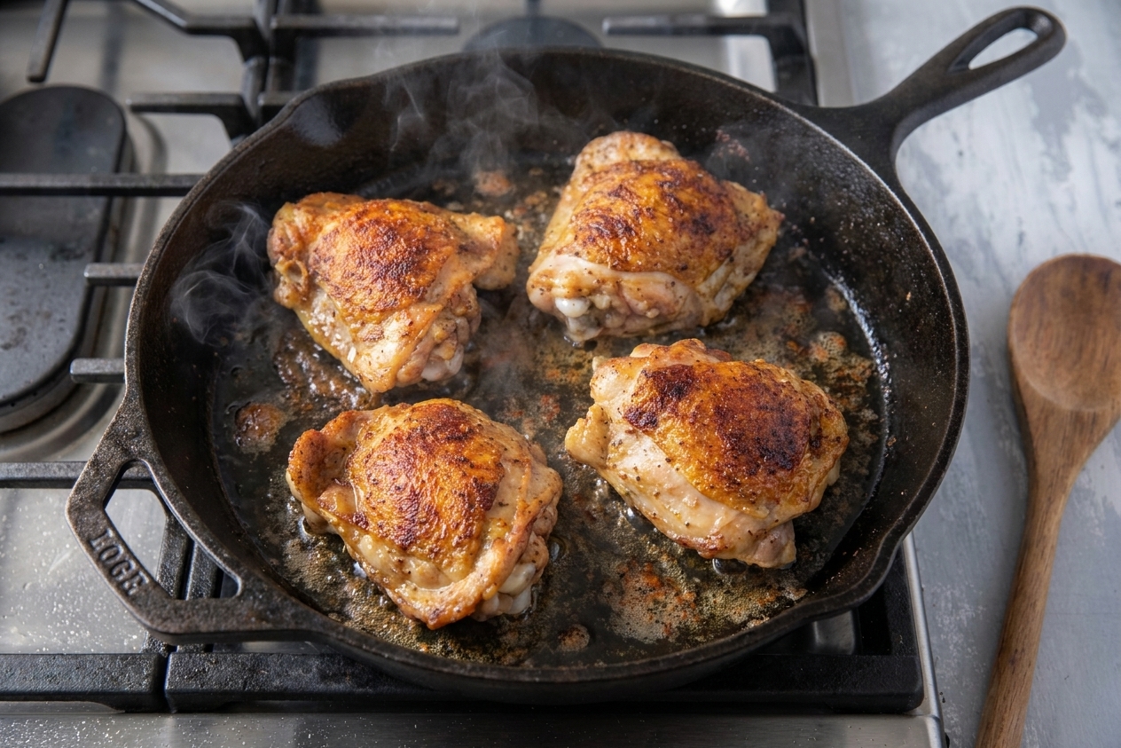 Chicken thighs skin-side down sizzling in a black skillet on a stovetop, edges turning golden brown with rendered fat in the pan