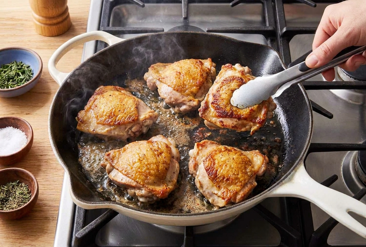 Chicken thighs skin-side down sizzling in a cast iron skillet with browned edges forming during stovetop cooking