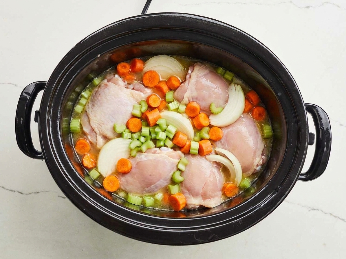 Chicken thighs, sliced carrots, celery, onions, and broth inside a slow cooker before cooking