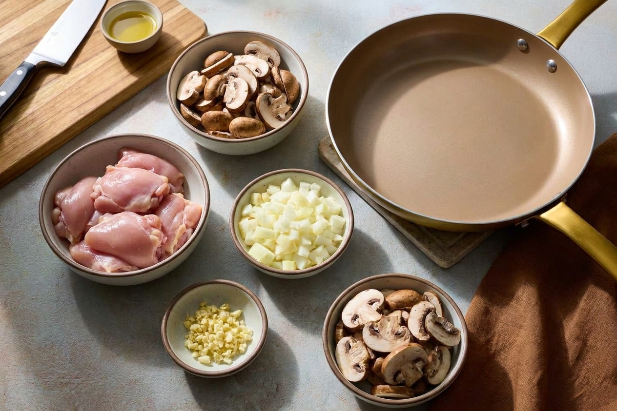 Chicken thighs, sliced mushrooms, diced onion, and minced garlic prepped in small bowls beside a large skillet on a home kitchen counter