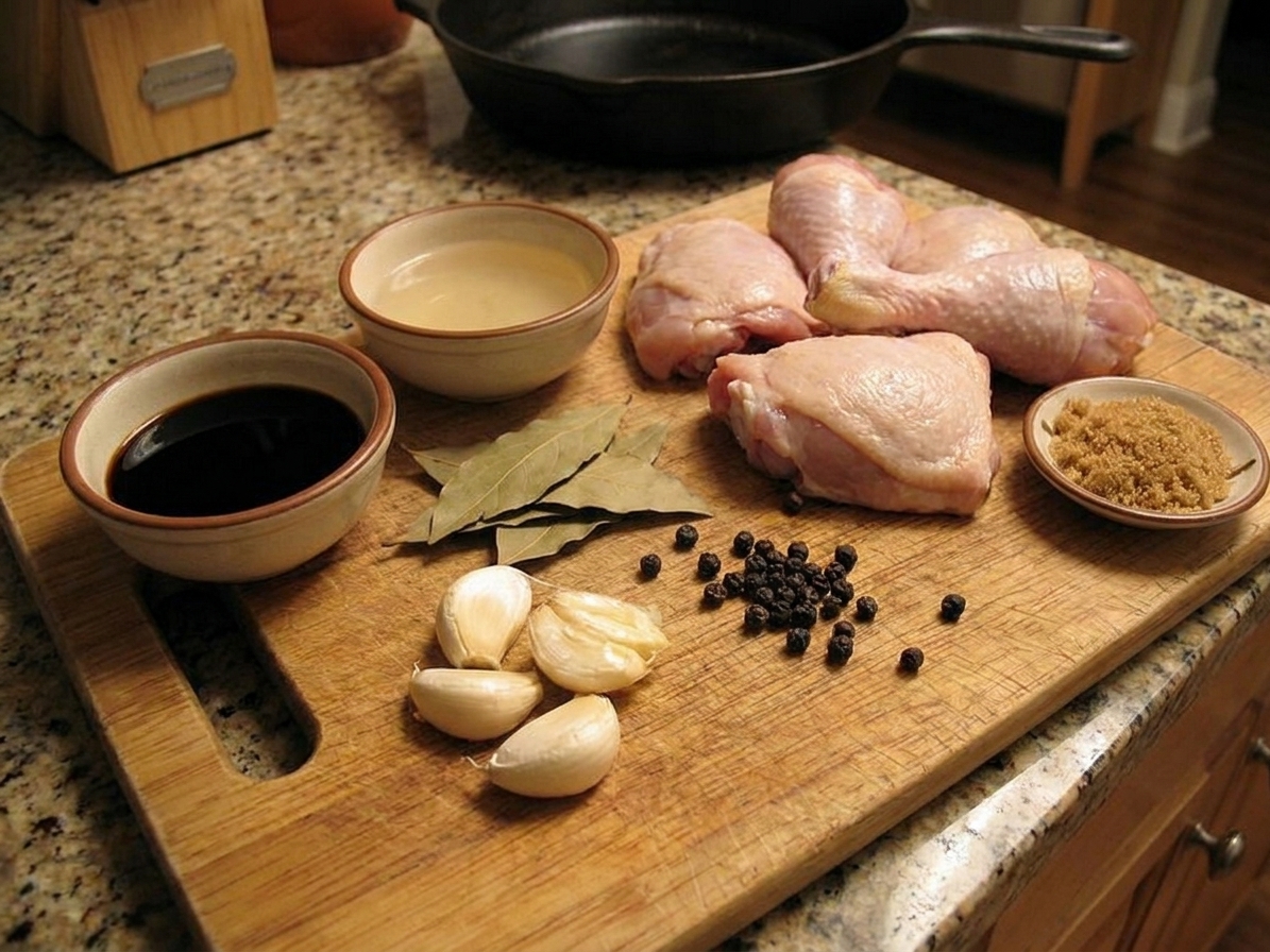 Chicken thighs, soy sauce, cane vinegar, garlic, bay leaves, peppercorns, and brown sugar arranged on a kitchen counter