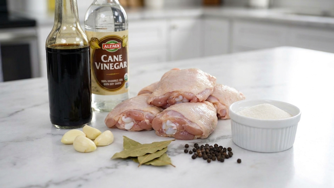 Chicken thighs, soy sauce, cane vinegar, garlic cloves, bay leaves, whole peppercorns, and a small bowl of sugar on a bright kitchen counter