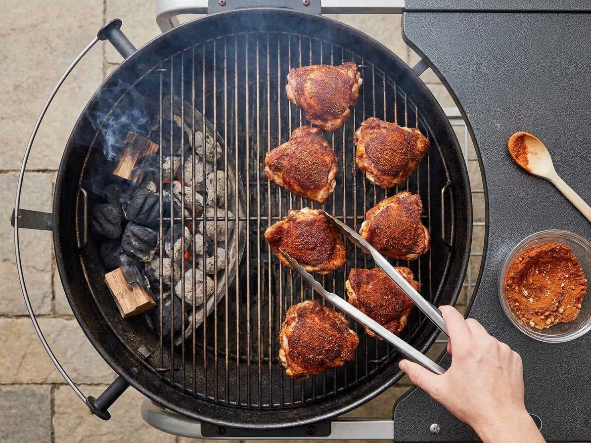 Chicken thighs with a visible BBQ rub crust cooking on a grill over indirect heat