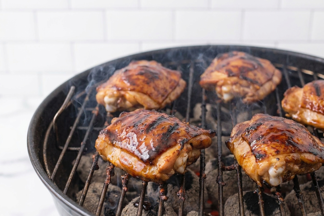 Chicken thighs with caramelized glaze cooking on a backyard grill with visible grill marks and light smoke