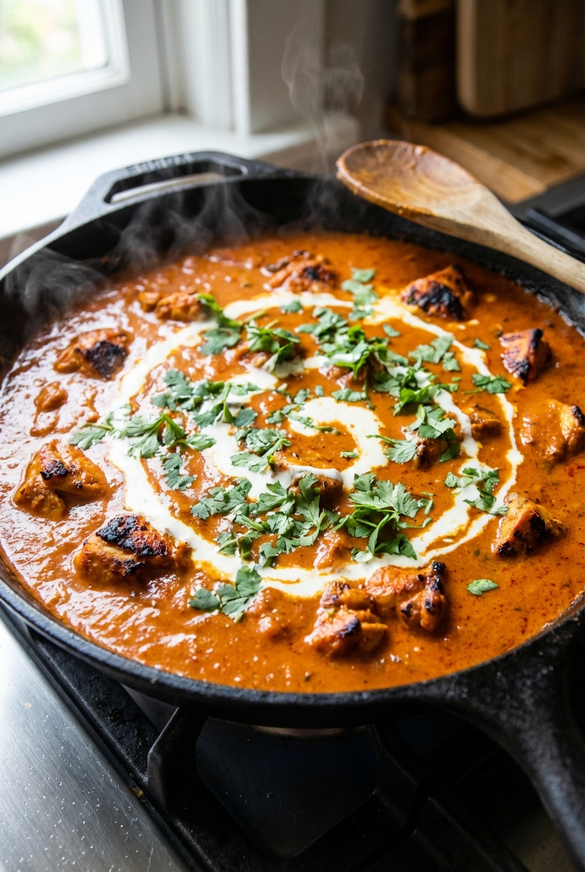 Chicken tikka masala simmering in a skillet with a swirl of cream and chopped cilantro on top