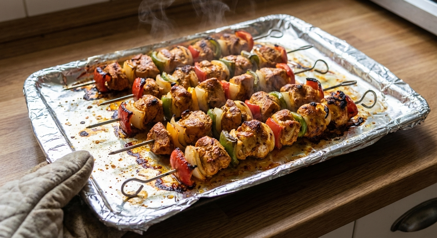 Chicken tikka skewers on a foil-lined sheet pan coming out of the oven with browned, lightly charred edges, real food photography