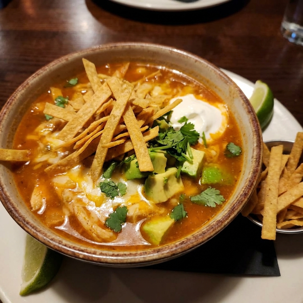 Chicken tortilla soup in a bowl with crispy tortilla strips and lime wedge on the side