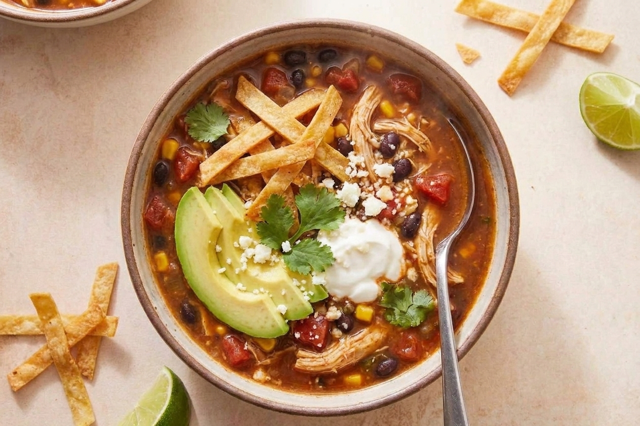 Chicken tortilla soup in a bowl with tortilla strips and avocado on top