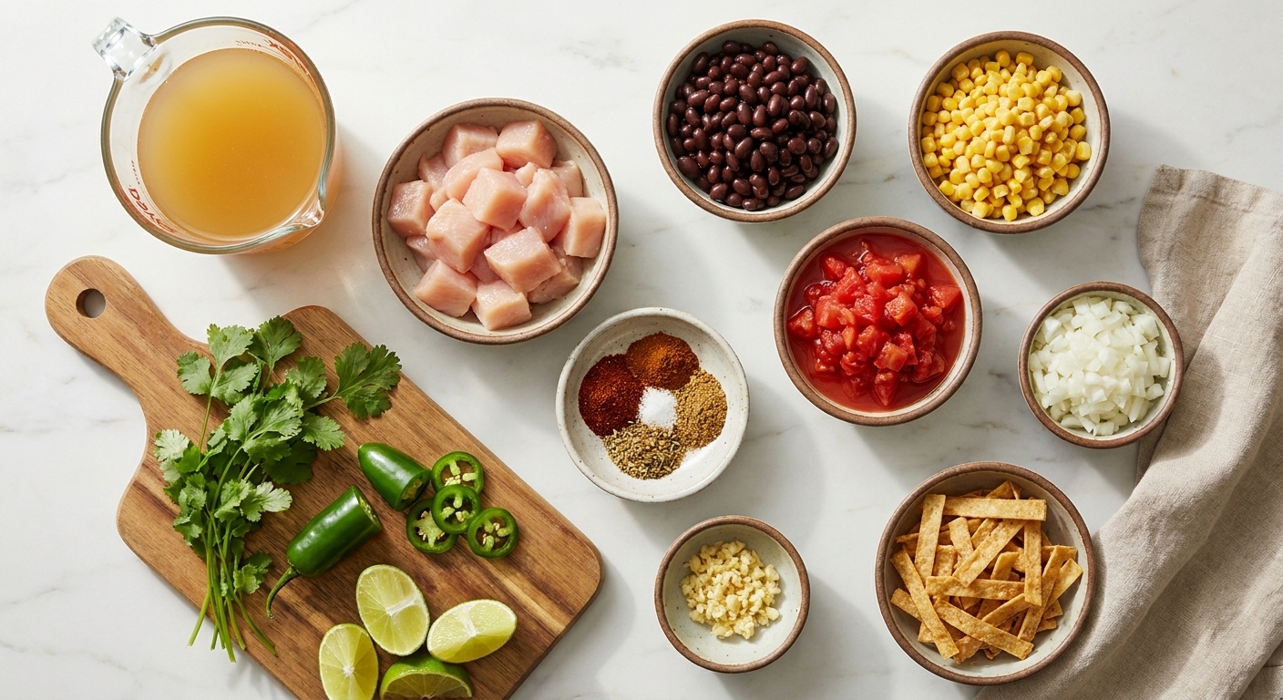 Chicken tortilla soup ingredients including chicken, tomatoes, broth, beans, corn, spices, and lime on a counter