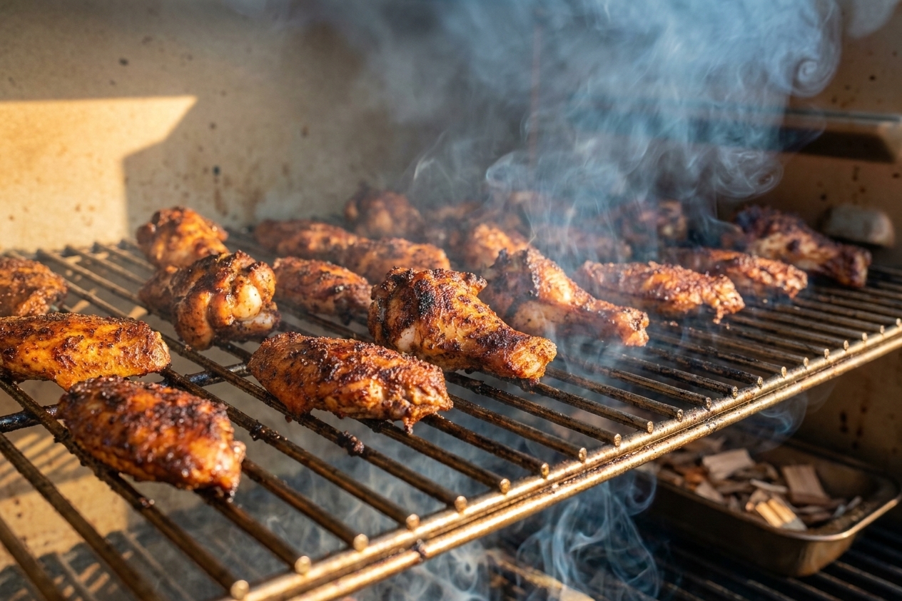 Chicken wings arranged in a single layer on smoker grates with light smoke rising under warm outdoor lighting