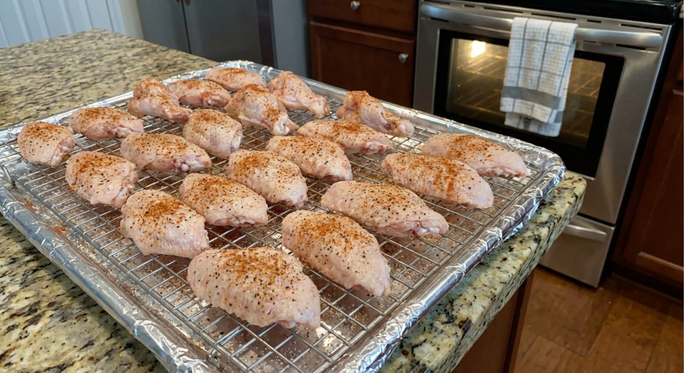 Chicken wings arranged on a wire rack over a sheet pan, lightly seasoned and ready for the oven