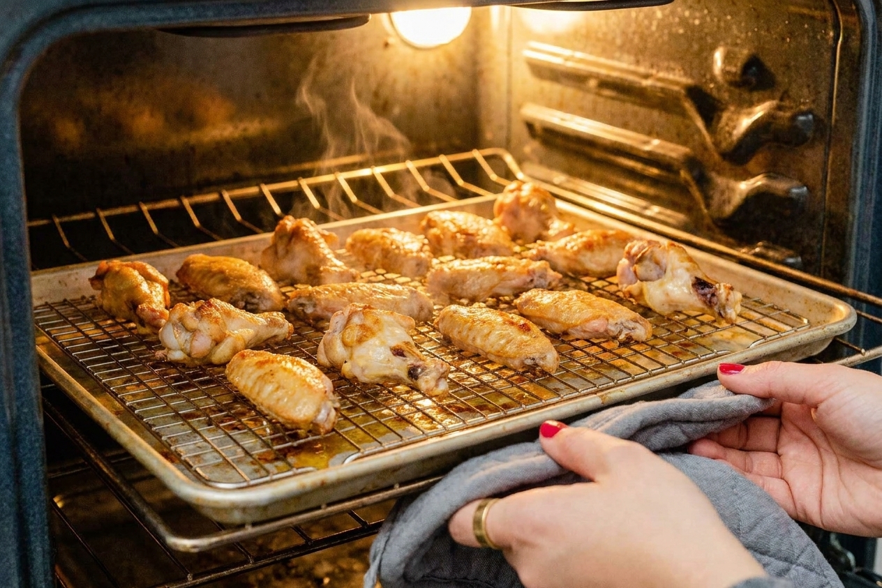 Chicken wings arranged on a wire rack over a sheet pan as they bake in an oven, skin beginning to brown