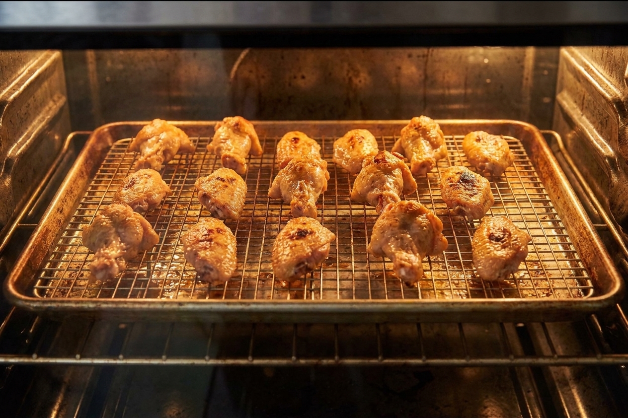 Chicken wings baking on a wire rack over a sheet pan inside an oven, skin turning golden and crisp