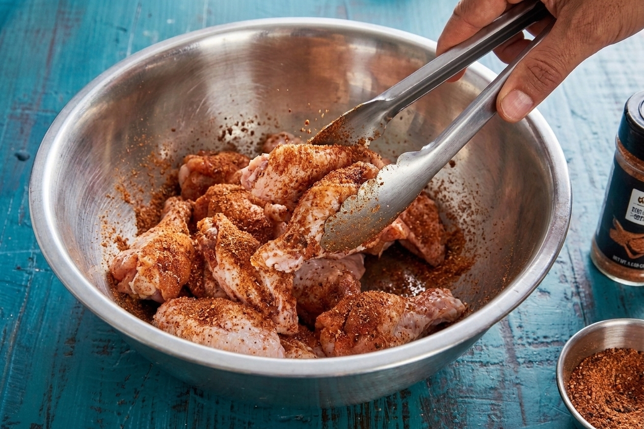 Chicken wings being tossed with dry rub in a large mixing bowl with a hand holding tongs