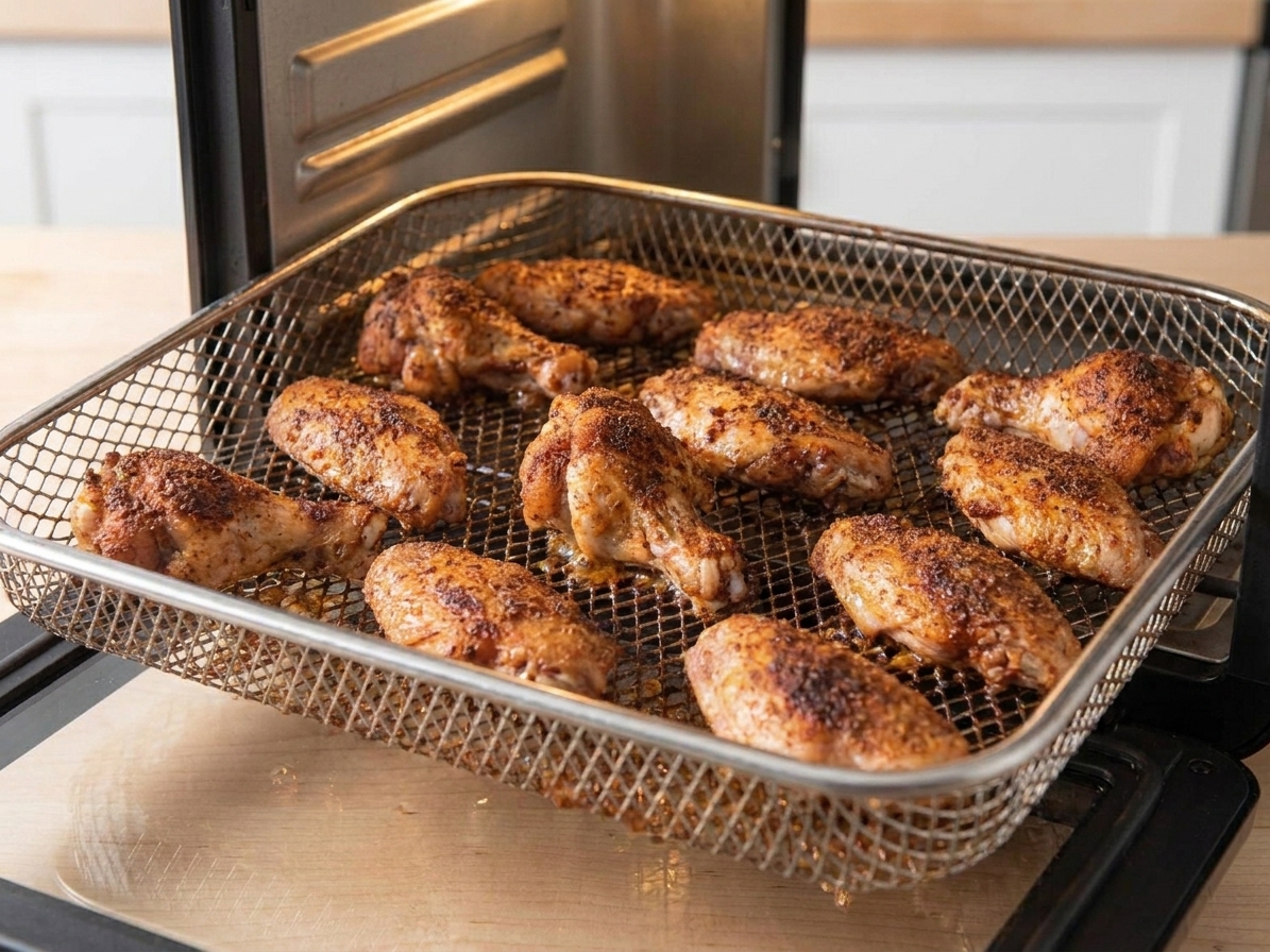 Chicken wings cooking in an air fryer basket, browned and crisp with rendered skin