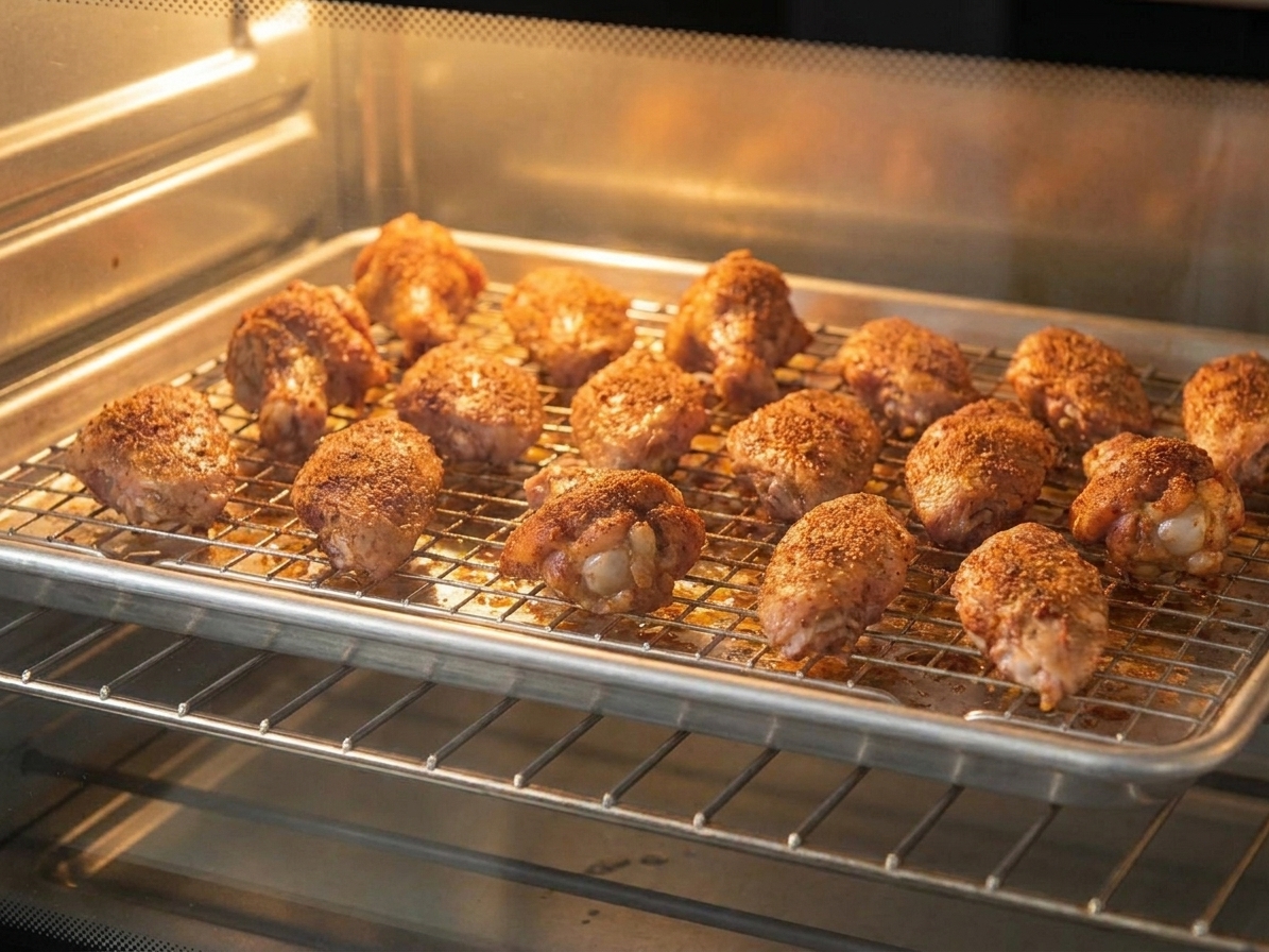 Chicken wings crisping on a wire rack over a sheet pan inside an oven with warm light