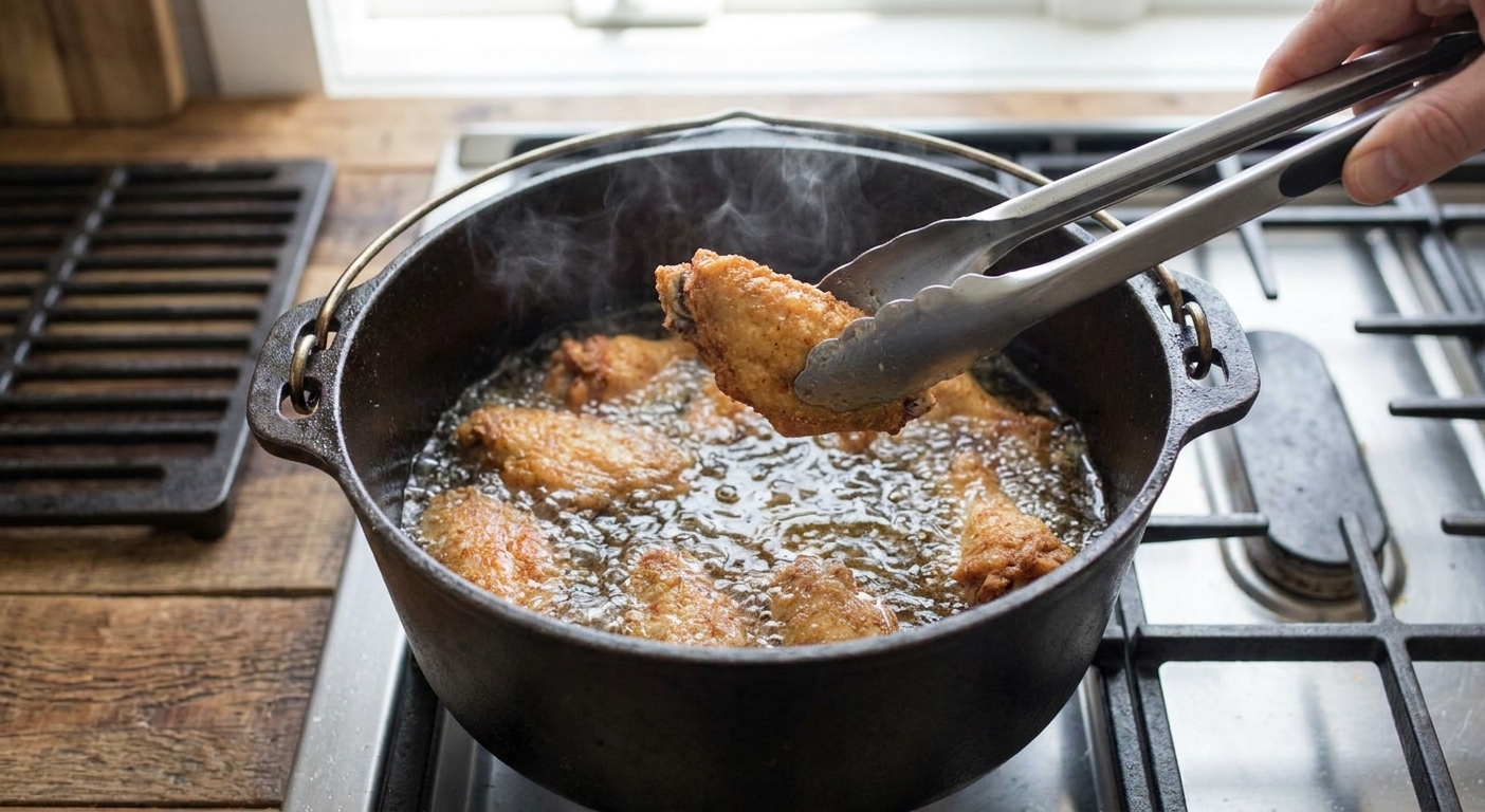 Chicken wings frying in bubbling oil inside a Dutch oven on a stovetop, with tongs lifting one wing