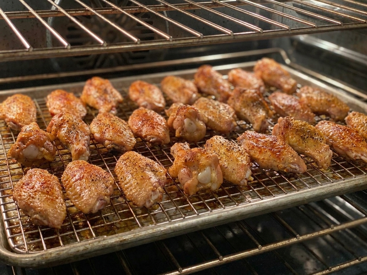 Chicken wings roasting on a wire rack over a sheet pan inside an oven with the skin turning golden and crisp