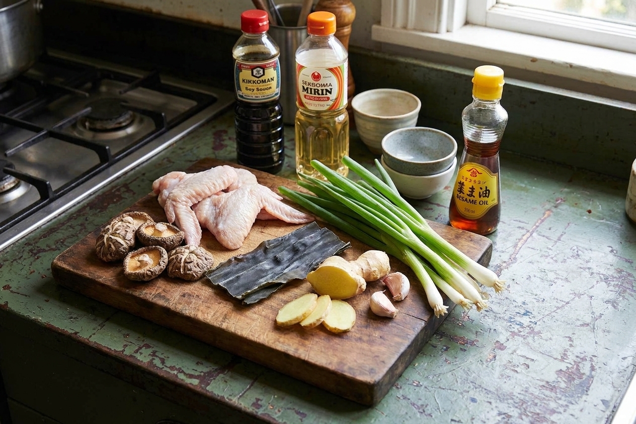 Chicken wings, scallions, ginger, garlic, dried shiitake, kombu, soy sauce, mirin, and sesame oil arranged on a bright kitchen counter